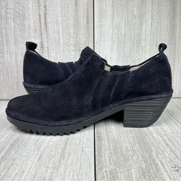 Fly London Dark Blue Suede Heeled Slip On Clog Booties Womens Size 10 EUR 41 - Picture 2 of 12